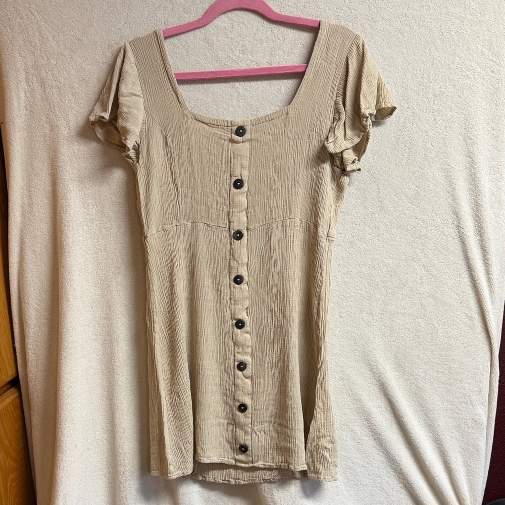 Button-Front Cream Short Sleeve Square Neck Dress